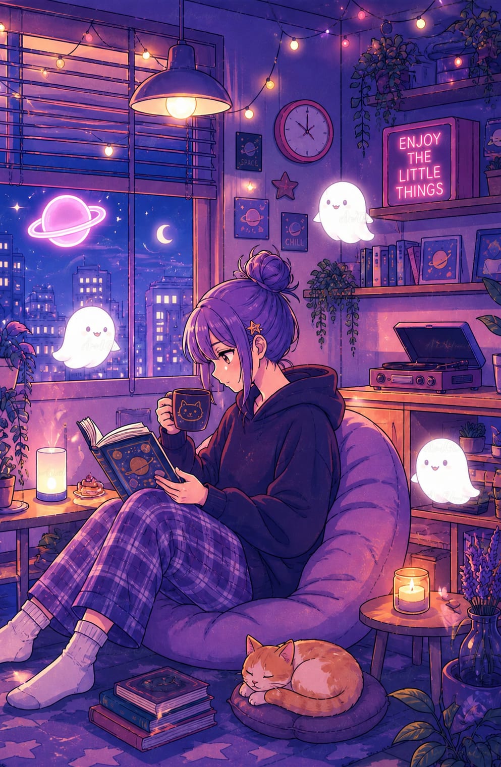 A cozy nighttime reading nook: a student with a mug of tea reading in a beanbag chair beside a sleeping cat, with plants, candles, and a neon sign that reads 'Enjoy the little things'.