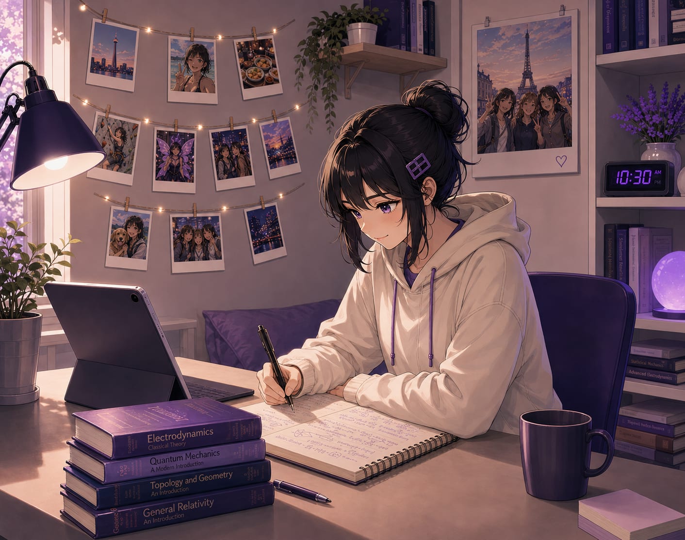 An illustrated student writing notes at a warmly lit desk, stacked with physics textbooks, a tablet, and string lights